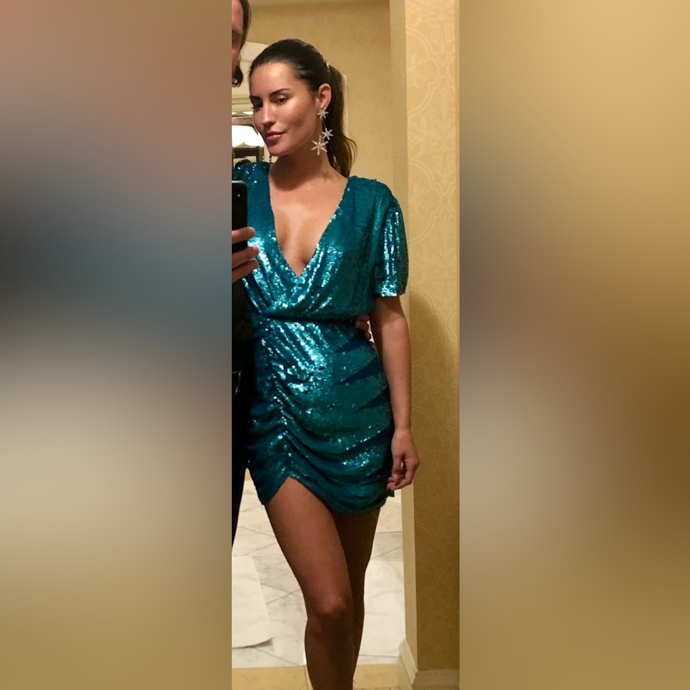 RETROFETE Teal Sequin Short Sleeve Wrap Tunic Dress